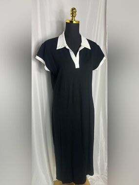 Talbots Black preppy Polo-Style Maxi Dress White Trim black short sleeved M